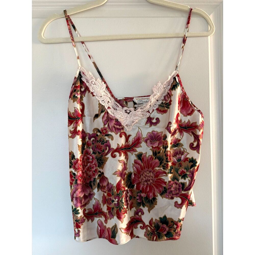 Pink Floral Damask Cami Silky Tank Top Size Small Dentelle Y2K EUC Pink Lace